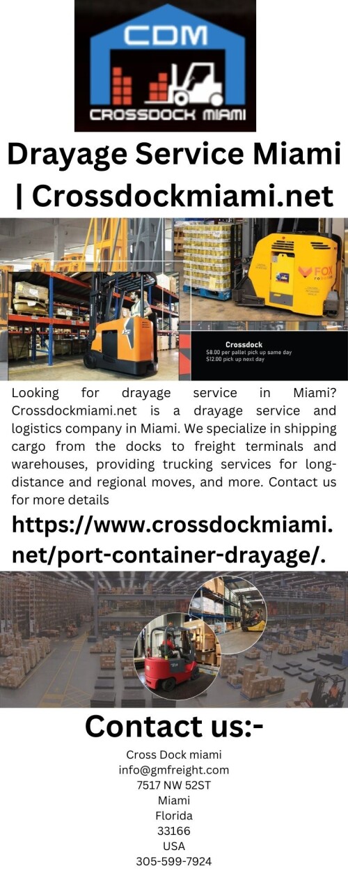 Looking for drayage service in Miami? Crossdockmiami.net is a drayage service and logistics company in Miami. We specialize in shipping cargo from the docks to freight terminals and warehouses, providing trucking services for long-distance and regional moves, and more. Contact us for more details.

https://www.crossdockmiami.net/port-container-drayage/