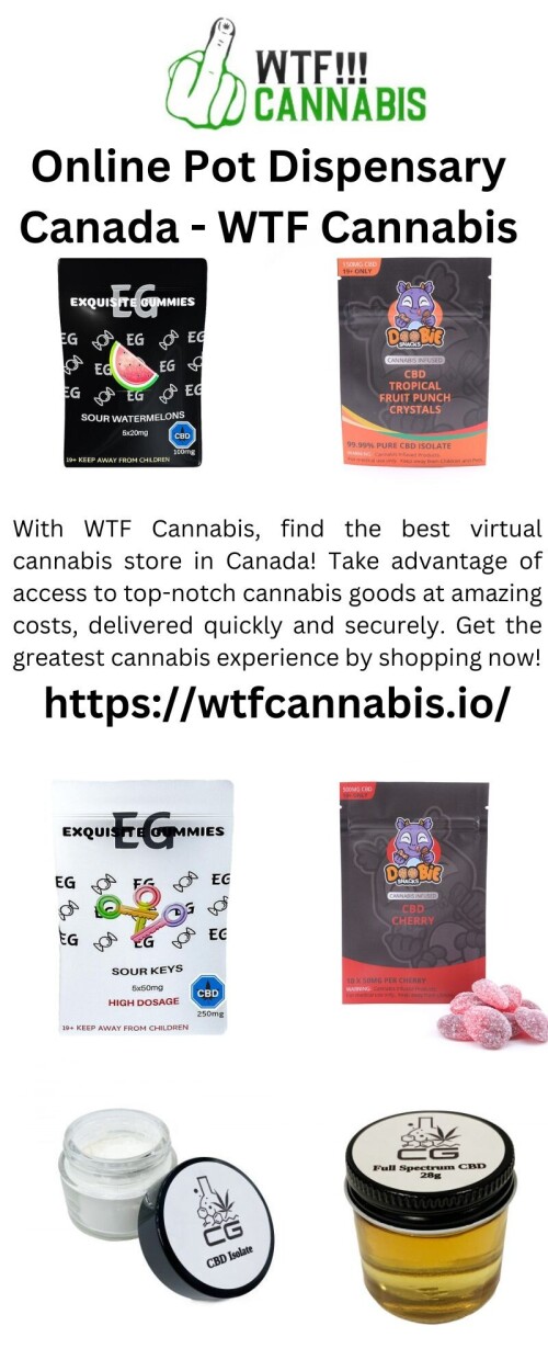 With WTF Cannabis, find the best virtual cannabis store in Canada! Take advantage of access to top-notch cannabis goods at amazing costs, delivered quickly and securely. Get the greatest cannabis experience by shopping now!

https://wtfcannabis.io/