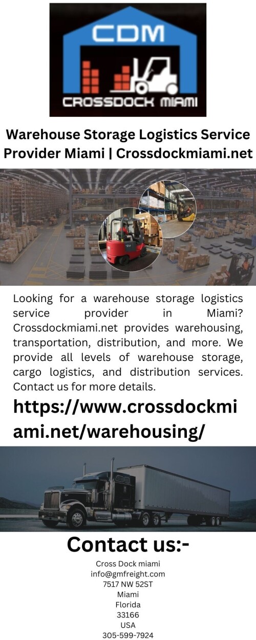 Looking for a warehouse storage logistics service provider in Miami? Crossdockmiami.net provides warehousing, transportation, distribution, and more. We provide all levels of warehouse storage, cargo logistics, and distribution services. Contact us for more details.

https://www.crossdockmiami.net/warehousing/