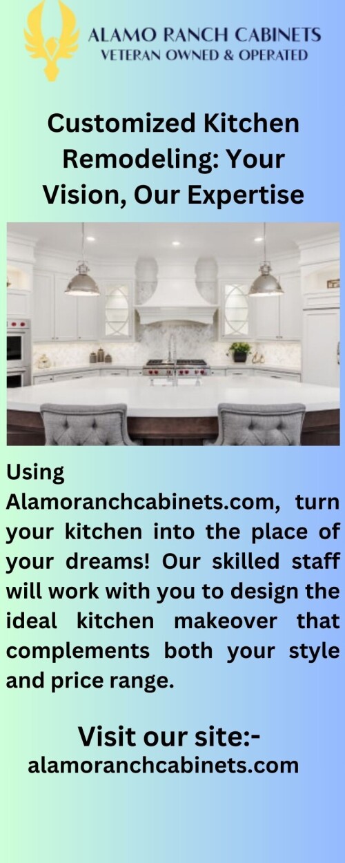 Alamoranchcabinets.com can help you remodel your kitchen! With the help of our superior countertops, cabinets, and finishes, you can design the kitchen of your dreams. Experience the elegance and practicality of a newly designed kitchen now!

https://www.alamoranchcabinets.com/kitchen-remodeling/