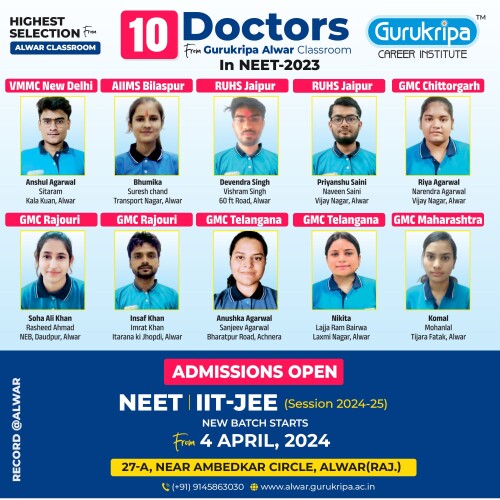 NEET | IIT-JEE (Session 2024-25)
New Batch Starts from - 1st April & 4th April, 2024.

🏆 Highest Selections Ratio in IIT & NEET from Alwar Classroom.
👨‍⚕️ 10 Doctors from Gurukripa Alwar Classroom in NEET-2023.

Contact Us:
https://alwar.gurukripa.ac.in/