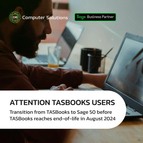 Is your business still relying on TASBooks? With Sage ending support in August 2024, the looming threat of data access issues is becoming increasingly pressing.

As TASBooks nears its end-of-life phase, transitioning to Sage 50 is imperative for maintaining competitiveness. Don't risk falling behind-take proactive steps now to ensure your operations remain efficient and fully supported. Embrace the future and bid farewell to outdated software.

Excited to explore the potential of Sage 50? Join us for our upcoming webinar: "Embracing the Future with Sage 50" and unlock the transformative capabilities of this upgrade: https://www.youtube.com/watch?v=PcBOwZz8wkk

Ready to take the leap? Dive into our website for all the resources you need to make a seamless transition: https://www.dbcomp.ie/sage-50/

Future-proof your business with Sage 50.

For inquiries, don't hesitate to contact us at 061 480980 or via email at info@dbcomp.ie.

Website: https://www.dbcomp.ie/