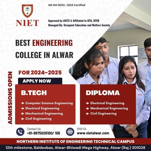 NIET Alwar: Empowering futures through premier engineering education. Join a transformative journey where innovation meets excellence. Our diverse programs, world-class faculty, and state-of-the-art facilities ensure holistic development and industry-ready skills. Discover your potential at NIET Alwar, shaping tomorrow's leaders in engineering and beyond. for more info. visit us- www.nietalwar.com