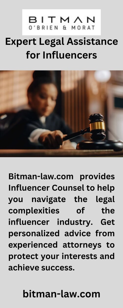 Bitman-law.com is the go-to destination for entertainment lawyers. Our team of experienced professionals provide personalized legal advice tailored to your specific needs. Put your trust in us and let us help you navigate the complex legal landscape of the entertainment industry.

https://bitman-law.com/influencer-counsel/