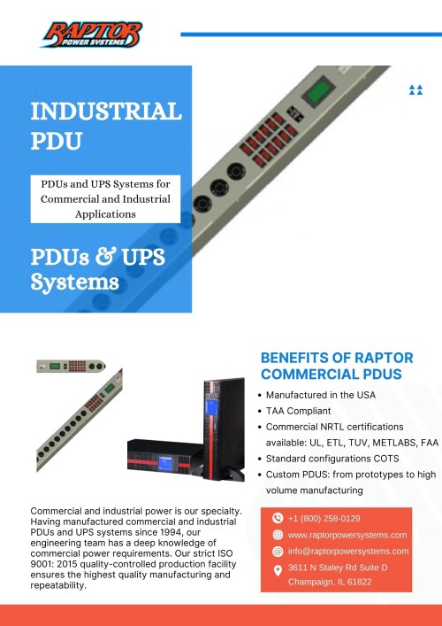 Raptor Power Systems delivers top-tier Industrial PDU solutions, tailored for commercial and industrial applications. Our power distribution units ensure reliable and efficient energy management, supporting seamless operations across various sectors. Enhance your infrastructure with our state-of-the-art PDU technology, designed to meet the rigorous demands of modern industry and commercial environments. Trust Raptor to power your enterprise with excellence and innovation.